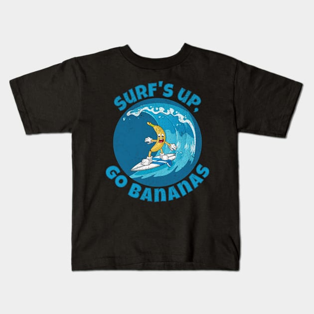 Funny Surf´s up, go bananas surfing on a great ocean wave Kids T-Shirt by Andy Banana